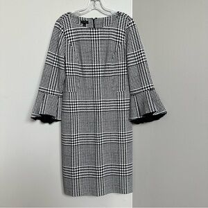 Talbots Glen Plaid Houndstooth Sheath Dress Bell Sleeves Black + White Midi